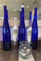(3) Cobalt Blue Wine Bottles, Glasses & PJ Napkins
