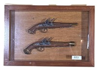 (2) Repro Antique Flintlock Pistols Display Case