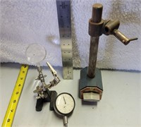 Magnetic base, magnifying holder, dial indicator