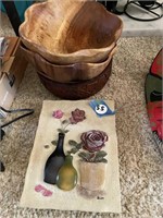 2pc Flowers Decore and 3pc Wood Bowls