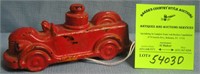 Great early painted glass fire truck candy contain