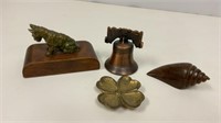 Four Collectibles;  brass clover, wooden conch,