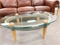 GLASS TOP PEWTER/WOOD FINISH BASE OVAL GLASS TOP