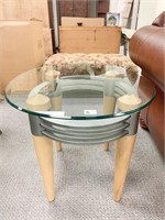 GLASS TOP PEWTER/WOOD BASE SIDE TABLES GLASS OVAL