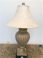 AGED FINISH LAMP W/ UNUSUAL SHADE 35" H