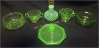 Uranium green depression glass - lid, creamer,