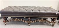 LEATHER TUFTED TOP BENCH, WOOD LEGS W/ GOLD