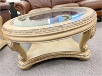 COFFEE TABLE GLASS BEVELED TOP CARVED TOP, LEGS
