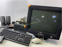Dell computer, keyboard, pair of speakers, Sony