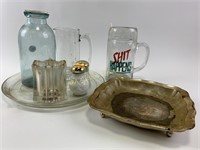 Coca Cola glass platter, metal dish, glass mugs,