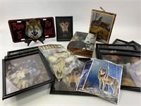Wolf decor- framed pictures, wooden storage box,