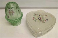 FENTON CANDLE HOLDER, AND PAINTED DRESSER HEART