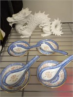 ORIENTAL DRAGON, SPOONS, AND SMALL SAUCERS