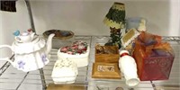 GROUP OF COLLECTIBLES, TEAPOTS, MISC DRESSER