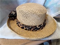 Ladies Fashion Straw Type Hat Leopard Scarf