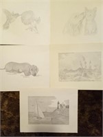 5 Pencil Drawings by Ann Adams, 11 x 14