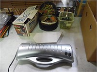 TIN OF SEWING MATERIAL, HOOVER VAC & MISC.
