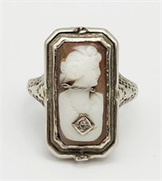 VINTAGE 14K FILIGREE CAMEO RING WITH SHELL