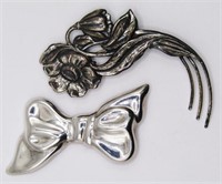 2-VINTAGE STERLING BROOCHES: (1)BOW (1)FLOWER