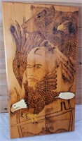 Bear, Eagle & Indian - Hand Etched Wood Piece