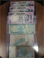 6 Foreign Banknotes Fiji, India, etc