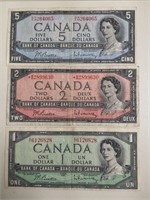 1954 Canada Banknotes $1, $2, $5