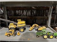 Vintage toy tractors, crane, and  dozer