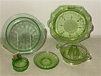 Green Depression Glass Platters-Juicer-More