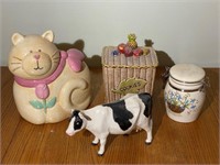 2 Cookie Jars, Floral Canister, Cow Figurine