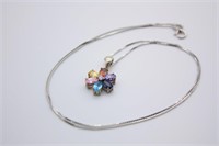 Gemstone Flower Pendant 18in Box Chain Silver