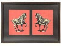 Framed Batik Stone Horses Diptych Made in Taiwan