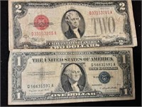 RED SEAL 2 DOLLAR BILL AND SILVER CERTIFICATE LOT