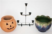 Pottery Jack-O-Lantern, Planter, Iron Candle