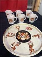 Fire king tiger mugs  & metal tray