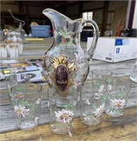 Enameled Pitcher and 6 Tumblers