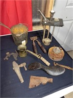 Vintage cast iron items and syurp dispenser
