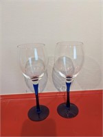 2 Blue Stemmed Wine Glasses