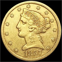 1857 $5 Gold Half Eagle NEARLY UNCIRCULATED