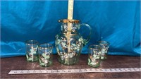 Vintage Hand Painted Green Glass Picture w/ 4