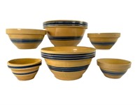 6 Yellow Ware Blue Banded Mixing Bowls