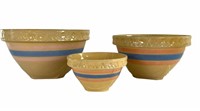 3 Blue & Pink Banded Yellow Ware Bowls