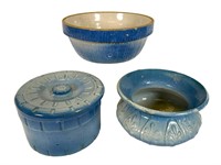 3 Blue Earthenware Pots