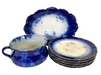 7 Flow Blue Dishes & Chamber Pot