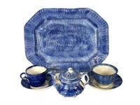 Speckled Blue Platter, Teapot & Cups