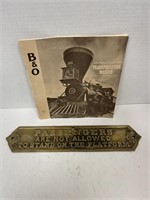 RAILROAD BRASS PLATFORM SIGN & B&O BOOK