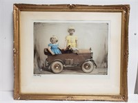 Framed Art Photo Etching Two Girls by Toy Car