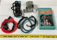 3 leashes, car pet safety restraint & bike lock