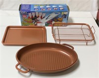 Slice wizard, 2 copper colored pans & cooking rack