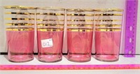 4pc Vintage Cranberry Glasses - Gold Trim
