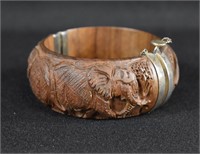 Carved Wood Elephant Hinged Bangle Bracelet